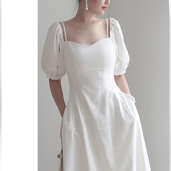 White Puff Sleeve Midi Dress with Square Neckline - Picture 2 of 16